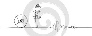 Karaoke, audio recording set one line art. Continuous line drawing of musical, cd disk, music waves, broadcasting