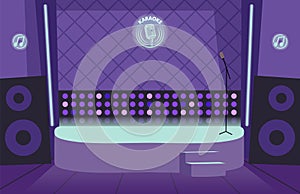 Karaoke bar interior. Empty stage, lights and microphone. Nightclub or dance, comedy stand up club vector illustration