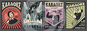 Karaoke club cards. Retro design, invitation promo poster, talents singers bar, vocal music party, guys and girls with