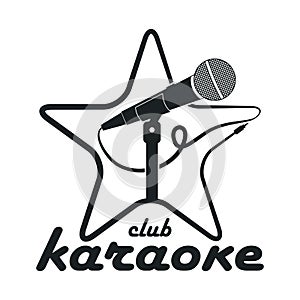 Karaoke club. Design logo with microphone on stand and star. Vector.