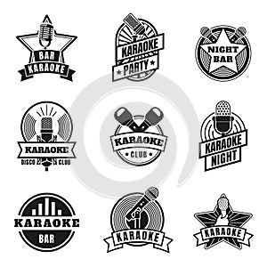 Karaoke emblems. Vintage labels with microphones for music karaoke night party. Retro silhouette singing club badges, mics logo