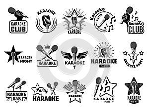 Karaoke event. Music party symbols emblems with microphone singers concept logos record studio recent vector pictures