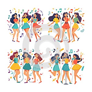 Karaoke girls cartoon scene vector set. Positive joyful woman singing dressed holding microphones vocals dancing