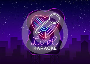 Karaoke Love logo in neon style. Neon sign, bright nightly neon advertising Karaoke. Light banner, bright night photo