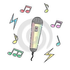 Karaoke microphone and music notes cute and colorful vector illustration isolated on white background