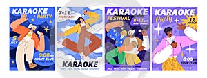 Karaoke, music party posters designs set. Vocal event, song festival, live concert in night club, flyers backgrounds