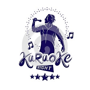 Karaoke night and nightclub discotheque vector invitation poster created with musical notes, stars and soloist singing and holding