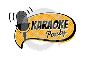 Karaoke night party script on yellow comic strip speech bubble emblem. Stage retro vintage microphone vector