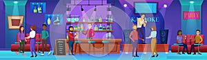 Karaoke nightlife bar vector illustration, cartoon flat man woman people group drinking wine, singing song at karaoke