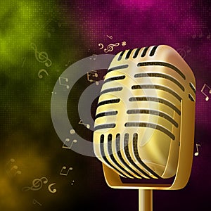 Karaoke party background with gold retro microphone.