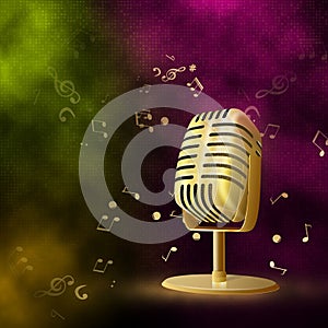 Karaoke party background with gold retro microphone.