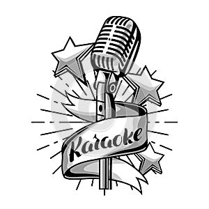 Karaoke party label. Music event background. Illustration with microphone in retro style