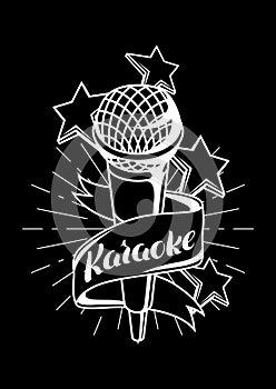 Karaoke party label. Music event background. Illustration with microphone in retro style