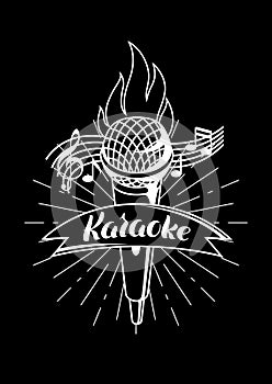 Karaoke party label. Music event background. Illustration with microphone in retro style