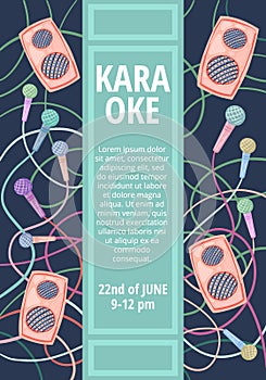 Karaoke party. Microphones and speaker with music. Vector illustration of flyer design.