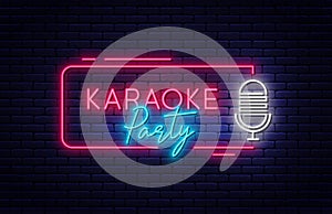 Karaoke party neon signboard. Karaoke neon light sign with glowing letters and microphone. Bright banner and poster template for