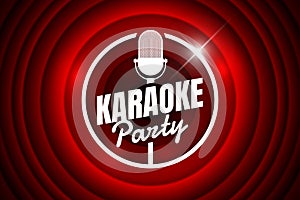 Karaoke party night live concert show mic circle emblem on red gradient curtain drape backdrop. Vector retro microphone