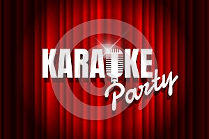 Karaoke party night live show open mike sign on empty theatre stage with spotlight. Vintage microphone against red