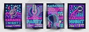 Karaoke party poster collection neon vector. Karaoke night design template, bright neon brochure, modern trend design photo