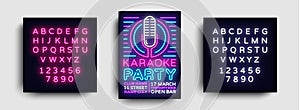 Karaoke party poster neon vector. Karaoke night design template, bright neon brochure, modern trend design, light banner