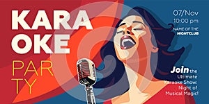 Karaoke party show horizontal banner. Music night club festival drawing art print. Woman sing song into mic. Musical