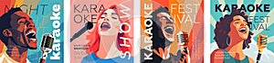 Karaoke party show square banner set. Music night club festival drawing art prints. People sing song into mic. Musical