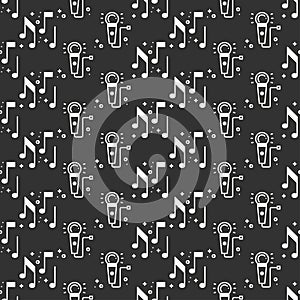 Karaoke seamless pattern. Microphone and notes icon. Party celebration decor elements. Vector illustration. Background. Black and