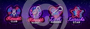 Karaoke set of neon signs. Collection is a light logo, a symbol, a light banner. Advertising bright night karaoke bar