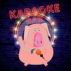 Karaoke Show with pig 2019 is a neon sign. Neon logo, bright luminous banner, New Year neon poster, bright night-time advertisemen