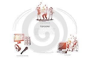 Karaoke - songs and dances, family duet, karaoke accessories vector concept set