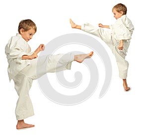 Karate boys kick by foot