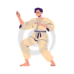 Karate fighter. Japanese fight athlete. Wrestler in kimono, black belt. Sport man in stance, standing fighting position