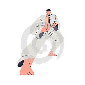 Karate fighter. Japanese wrestler in kimono uniform, fighting, wrestling in attacking stance, pose. Japan wrestler in