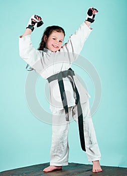 Karate fighter ready to fight. Karate sport concept. Self defence skills. Karate gives feeling of confidence. Strong and