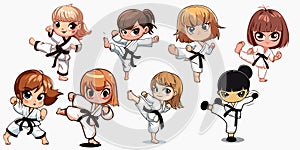Karate girl kicking martial arts Taekwondo Kungfu training vector graphics illustration