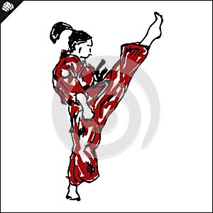 KARATE girl,woman fighter high kick in dogi, kimono.