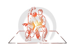 Karate or judo sparring, traditional oriental martial arts, young fighters in kimono practicing footboard