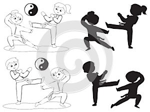 Karate kids coloring silhouettes vector