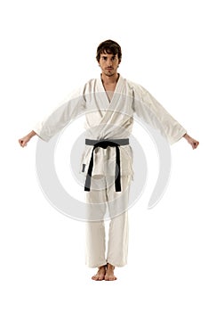 Karate male fighter young isolated on white back