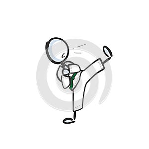 Karate man does kick exercise. Martial arts. Hand drawn. Stickman cartoon. Doodle sketch, Vector graphic illustration