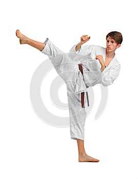 Karate. A man is performing a punch. Isolated on white background.