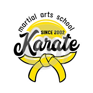 Karate Martial Arts School Banner or Label with Kimono Belt and Typography on White Background. Emblem for Fighting Club