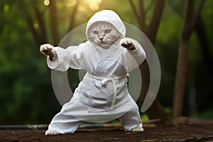 Karate Master White Cat dressed in white practice uniform Showcasing Karate Skills in Forest. Kitty practicing Martial