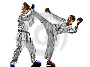 Karate men teenager student fighters fighting protections