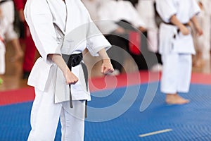 Karate practitioner body position during competition. Martial arts.