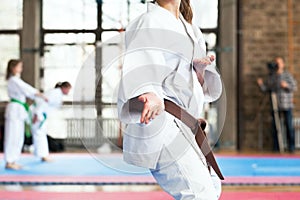 Karate practitioner body position during competition. Martial arts