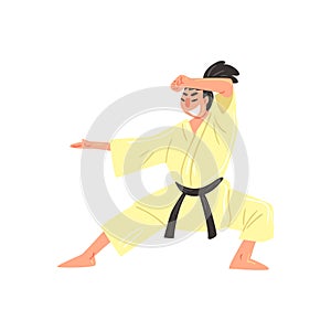 Karate Professional Fighter In Kimono With Black Belt Doing Classic Stance Cool Cartoon Character