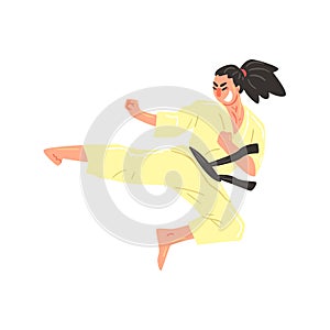 Karate Professional Fighter In Kimono With Black Belt Kicking While Jumping Cool Cartoon Character