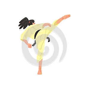 Karate Professional Fighter In Kimono With Black Doing Leg Sidekick Belt Cool Cartoon Character