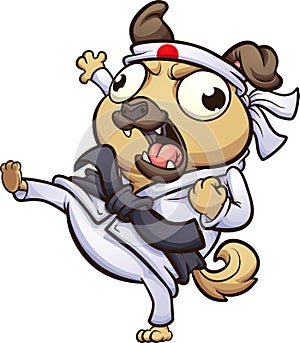 Cartoon fat pug dog throwing a karate kick photo